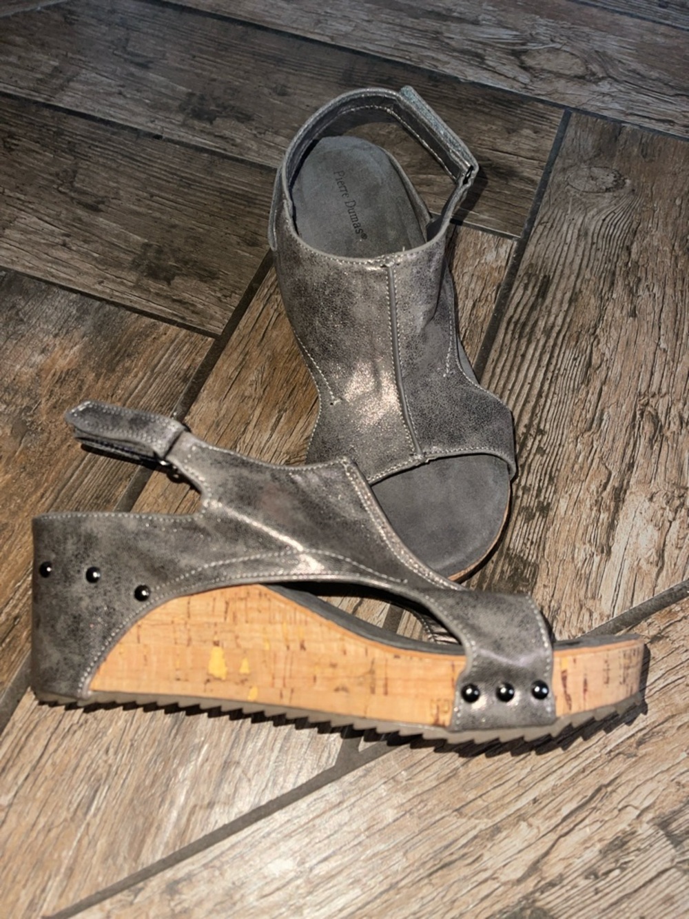 Metallic Gray Cork Wedge Sandals 9. 1/2
